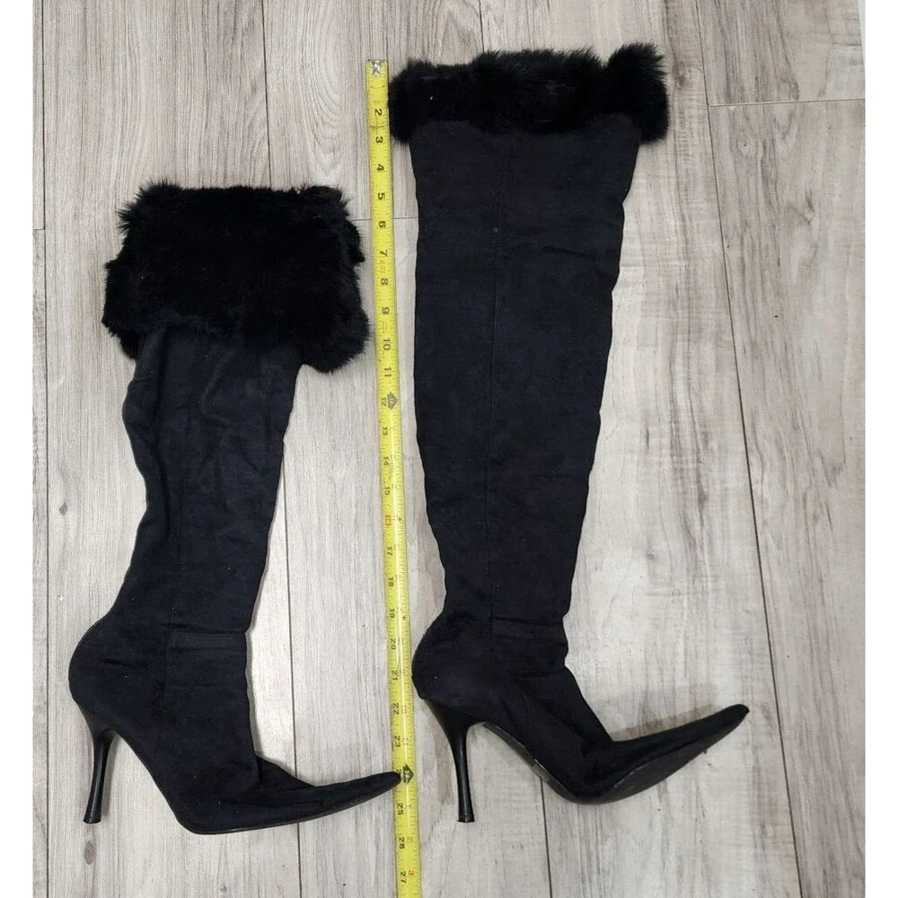 Women's Furry Trimmed Side Zipper Slim High Heel Suede Retro Over-Knee Boots 7.5